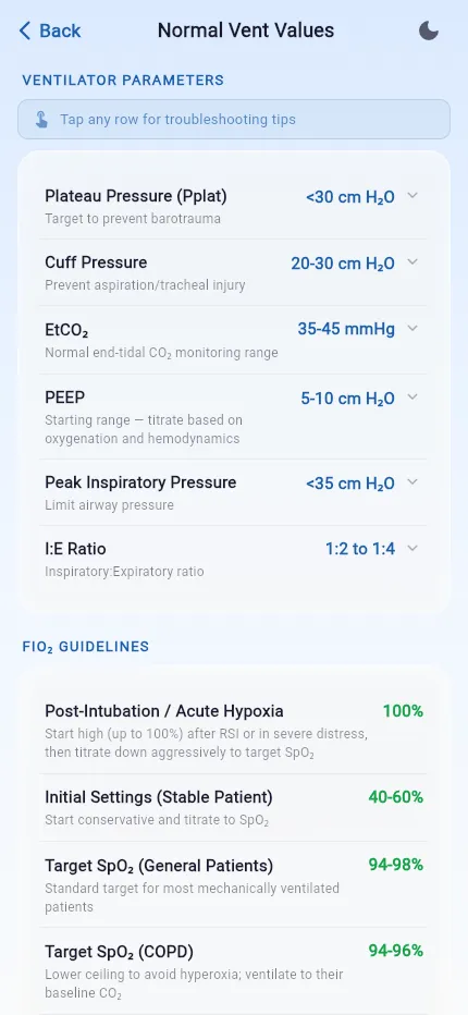 Rapid Vent Calculator reference screen listing normal ventilator values
